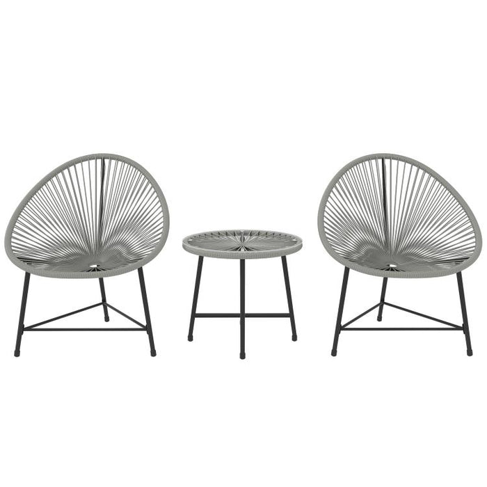 3 Pieces Rattan Bistro Set, Garden Bistro Set with Acapulco Chairs and Glass Top Table, Small Garden Furniture Set with Reinforced Metal Frame for Outdoor, Patio, Balcony, Grey