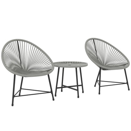 3 Pieces Rattan Bistro Set, Garden Bistro Set with Acapulco Chairs and Glass Top Table, Small Garden Furniture Set with Reinforced Metal Frame for Outdoor, Patio, Balcony, Grey