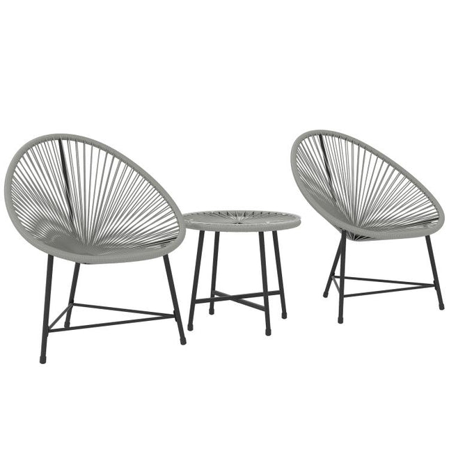 3 Pieces Rattan Bistro Set, Garden Bistro Set with Acapulco Chairs and Glass Top Table, Small Garden Furniture Set with Reinforced Metal Frame for Outdoor, Patio, Balcony, Grey