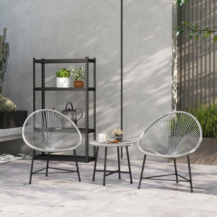 3 Pieces Rattan Bistro Set, Garden Bistro Set with Acapulco Chairs and Glass Top Table, Small Garden Furniture Set with Reinforced Metal Frame for Outdoor, Patio, Balcony, Grey