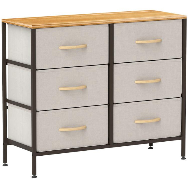 Fabric Chest of Drawers, Industrial Bedroom Dresser with 6 Fabric Drawers, Steel Frame and Wooden Top for Nursery, Living Room, Hallway, Cream White