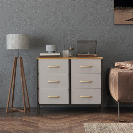 Fabric Chest of Drawers, Industrial Bedroom Dresser with 6 Fabric Drawers, Steel Frame and Wooden Top for Nursery, Living Room, Hallway, Cream White