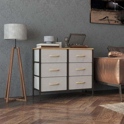 Fabric Chest of Drawers, Industrial Bedroom Dresser with 6 Fabric Drawers, Steel Frame and Wooden Top for Nursery, Living Room, Hallway, Cream White