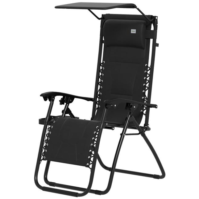 Zero Gravity Lounger Chair, Folding Reclining Patio Chair with Shade Cover, Padded Seat, Cup Holder, Soft Cushion and Headrest for Poolside, Camping, Black