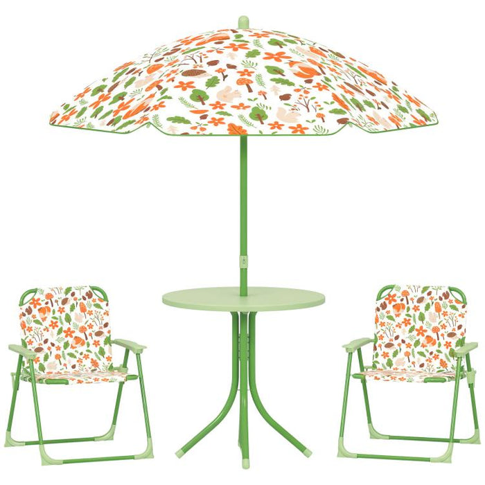 4-Piece Kids Garden Table and Chair Set with Adjustable Parasol, Folding Chairs, Table, Nature Pattern, Green