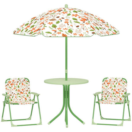 4-Piece Kids Garden Table and Chair Set with Adjustable Parasol, Folding Chairs, Table, Nature Pattern, Green