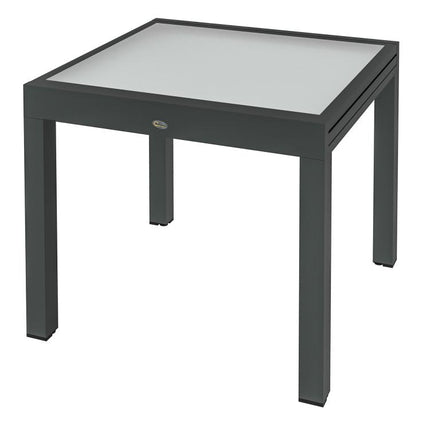 Extending Garden Table, Outdoor Dining Table with Aluminium Frame and Tempered Glass Tabletop, 80/160 x 80 x 75 cm, Black and Clear