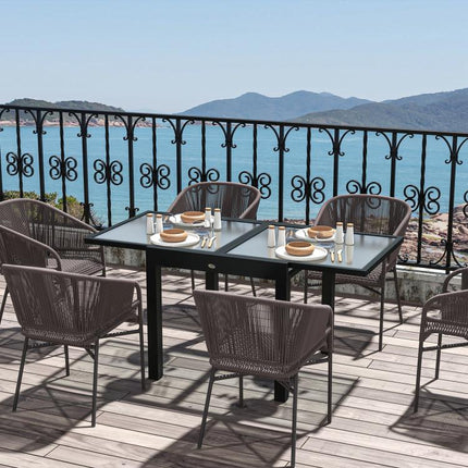 Extending Garden Table, Outdoor Dining Table with Aluminium Frame and Tempered Glass Tabletop, 80/160 x 80 x 75 cm, Black and Clear