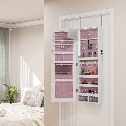 108 x 37cm Lockable Jewellery Cabinet, with LED Lights - White Surface and Pink Lining