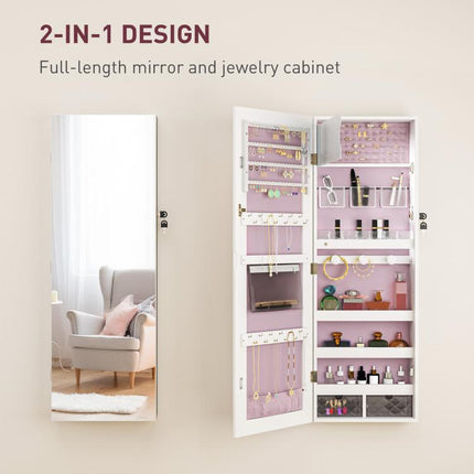 108 x 37cm Lockable Jewellery Cabinet, with LED Lights - White Surface and Pink Lining
