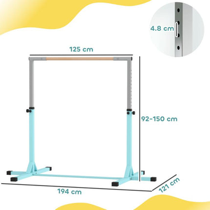 Height Adjustable Gymnastics Horizontal Bar for Kids, Children Junior Kip High Bar Fitness, Light Blue