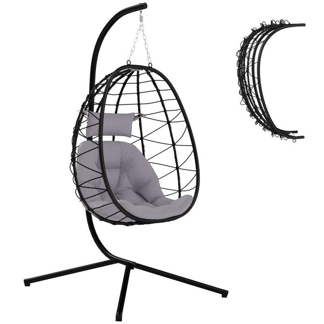 Hanging Egg Chair Outdoor Indoor Garden Swing Chair with Folding Basket, Thickened Cushion, Garden Hanging Chair with Stand, Headrest for Patio, Balcony, Grey