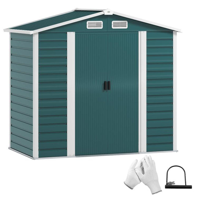 7 x 4ft Garden Shed, Easy to Assemble, Upgraded Galvanised Steel Frame with Foundation Kit, Double Doors with Lock, Outdoor Metal Shed with Vents and Gloves, Garden Storage Shed, Green