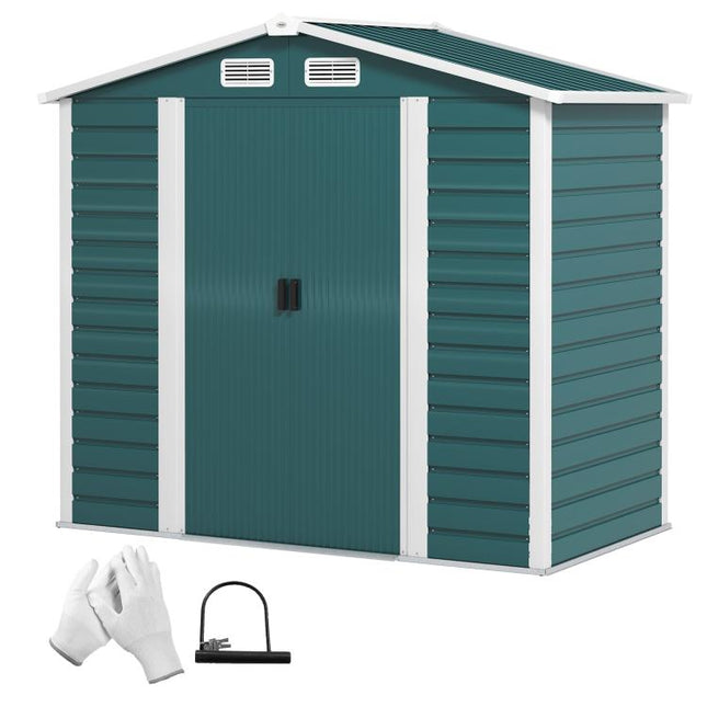7 x 4ft Garden Shed, Easy to Assemble, Upgraded Galvanised Steel Frame with Foundation Kit, Double Doors with Lock, Outdoor Metal Shed with Vents and Gloves, Garden Storage Shed, Green