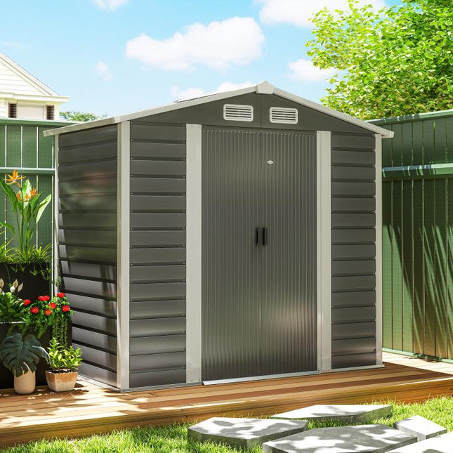 7 x 4ft Garden Shed, Easy to Assemble, Upgraded Galvanised Steel Frame with Foundation Kit, Double Doors with Lock, Outdoor Metal Shed with Vents and Gloves, Garden Storage Shed, Dark Grey