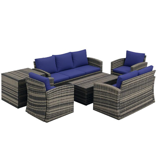 6 Pieces Rattan Garden Furniture Set, 7 Seater Wicker Outdoor Furniture Set with Storage Tea Table & Side Table, Sectional Garden Sofa Set with Cushions, Navy Blue