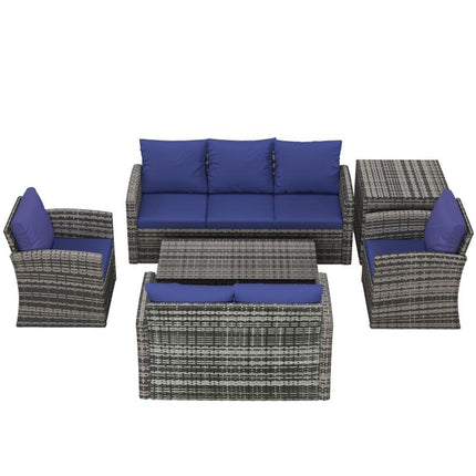 6 Pieces Rattan Garden Furniture Set, 7 Seater Wicker Outdoor Furniture Set with Storage Tea Table & Side Table, Sectional Garden Sofa Set with Cushions, Navy Blue