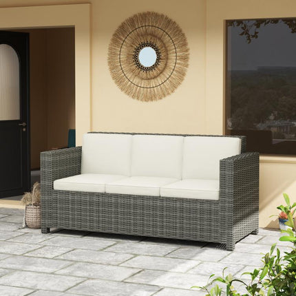 3-Seater Weather Resistant Outdoor Garden Rattan Sofa Cream White