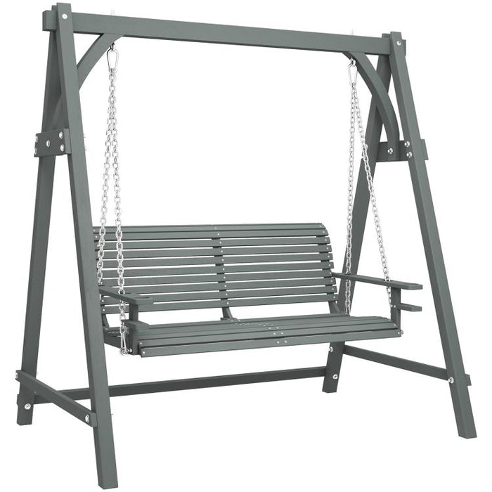 2 Seater Garden Swing Seat, Wooden Swing Chair Bench with Cup Holders for Outdoor Porch Patio, Grey
