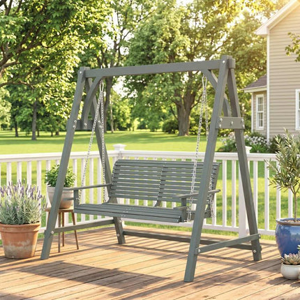 2 Seater Garden Swing Seat, Wooden Swing Chair Bench with Cup Holders for Outdoor Porch Patio, Grey