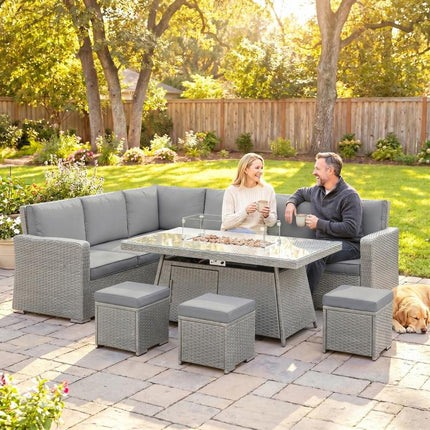 Seven-Piece Firepit Table Rattan Sofa Set - Grey