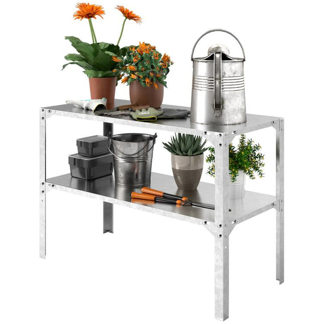 2 Tier Potting Bench Table, Galvanised Steel Garden Planting Work Bench Workstation with Storage Shelf for Outdoor, Patio, Greenhouse, 110 x 50 x 75 cm, Silver Tone