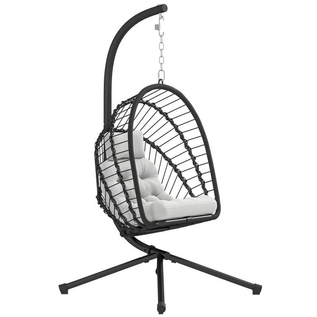 Outdoor PE Rattan Swing Chair with Foldable Basket and Cushion, Garden Patio Hanging Egg Chair with Metal Stand, Headrest for Indoor and Outdoor, Black