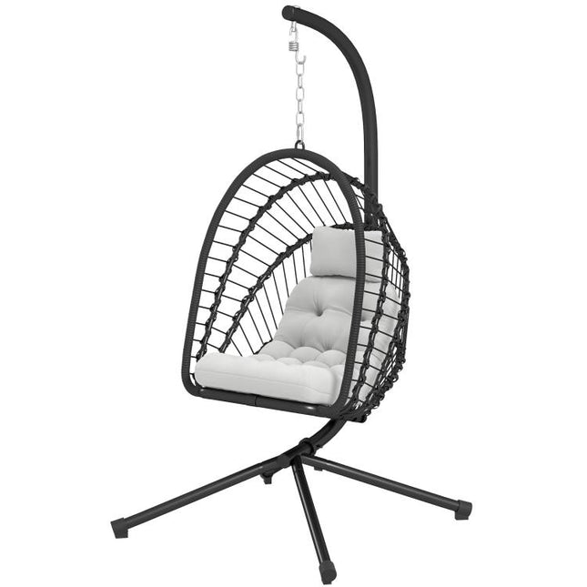 Outdoor PE Rattan Swing Chair with Foldable Basket and Cushion, Garden Patio Hanging Egg Chair with Metal Stand, Headrest for Indoor and Outdoor, Black
