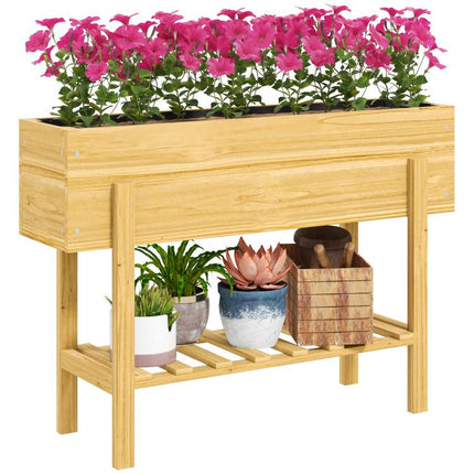 Wooden Raised Garden Bed, Elevated Planter Box with Bed Liner, Drainage Holes and Storage Shelf, Raised Planter for Vegetables, Flowers, Herbs, 100 x 30 x 71 cm, Natural Wood Finish