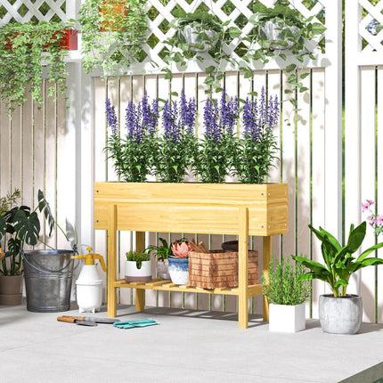 Wooden Raised Garden Bed, Elevated Planter Box with Bed Liner, Drainage Holes and Storage Shelf, Raised Planter for Vegetables, Flowers, Herbs, 100 x 30 x 71 cm, Natural Wood Finish