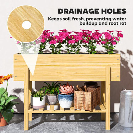 Wooden Raised Garden Bed, Elevated Planter Box with Bed Liner, Drainage Holes and Storage Shelf, Raised Planter for Vegetables, Flowers, Herbs, 100 x 30 x 71 cm, Natural Wood Finish