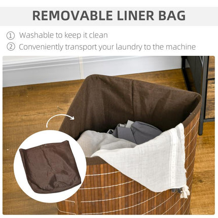 Bamboo Laundry Basket with Lid, 55 Litres Laundry Hamper with Removable Washable Lining,  Corner Washing Baskets, 38 x 38 x 57cm, Brown