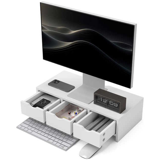 Monitor Stand Riser with 3 Drawers, Monitor Riser for Laptop, Computer, PC, Small Printer, 51 x 24 x 13cm, White