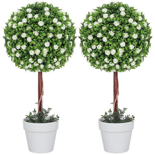 Set of 2 Decorative Artificial Plants, Ball Topiary Tree with Rose Flower in Pot, Fake Plants for Home Indoor Outdoor Decor, 60cm, White