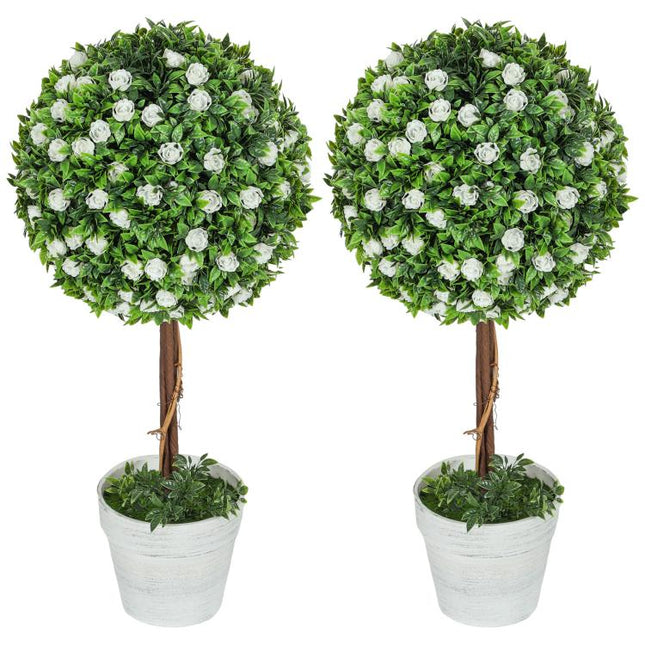 Set of 2 Decorative Artificial Plants, Ball Topiary Tree with Rose Flower in Pot, Fake Plants for Home Indoor Outdoor Decor, 60cm, White