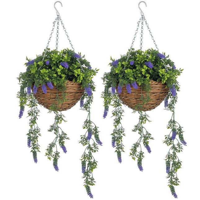 Set of 2 Decorative Artificial Plants, Faux Silk Lavender Flowers in Hanging Baskets, Fake Plants for Home Indoor Outdoor Decor, Purple