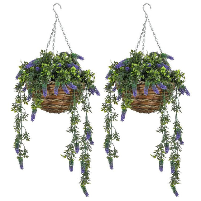 Set of 2 Decorative Artificial Plants, Faux Silk Lavender Flowers in Hanging Baskets, Fake Plants for Home Indoor Outdoor Decor, Purple