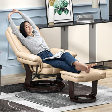 Faux Leather 135 Degrees Reclining Chair and Footstool - Beige