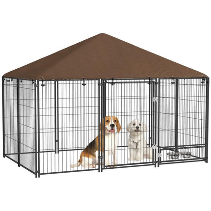 Outdoor Dog Kennel Puppy Play Pen with Canopy Garden Playpen Fence Crate Enclosure Cage Rotating Bowl 211 x 141 x 151 cm