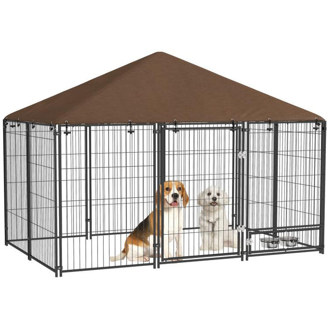 Outdoor Dog Kennel Puppy Play Pen with Canopy Garden Playpen Fence Crate Enclosure Cage Rotating Bowl 211 x 141 x 151 cm