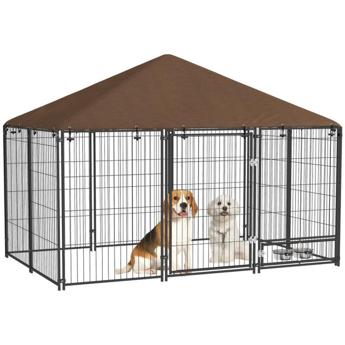 Outdoor Dog Kennel Puppy Play Pen with Canopy Garden Playpen Fence Crate Enclosure Cage Rotating Bowl 211 x 141 x 151 cm