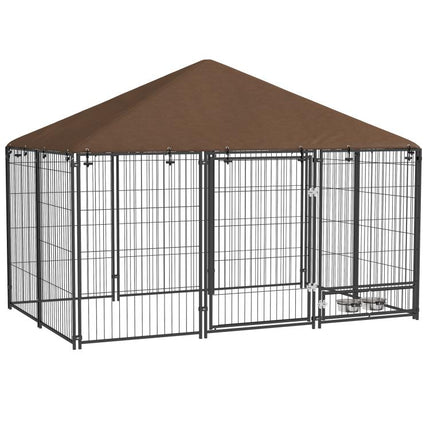 Outdoor Dog Kennel Puppy Play Pen with Canopy Garden Playpen Fence Crate Enclosure Cage Rotating Bowl 211 x 141 x 151 cm