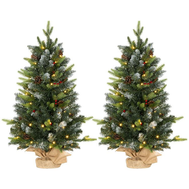 Set of Two 3ft Christmas Trees, with Lights, Berries and Pinecones