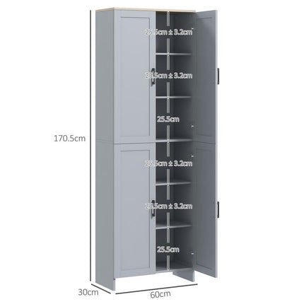 Freestanding Kitchen Cupboard, 4-Door Storage Cabinet with Adjustable Shelves, Modern Kitchen Pantry for Dining Room, 170cm, Grey