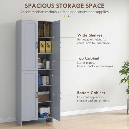 Freestanding Kitchen Cupboard, 4-Door Storage Cabinet with Adjustable Shelves, Modern Kitchen Pantry for Dining Room, 170cm, Grey