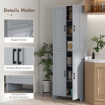Freestanding Kitchen Cupboard, 4-Door Storage Cabinet with Adjustable Shelves, Modern Kitchen Pantry for Dining Room, 170cm, Grey