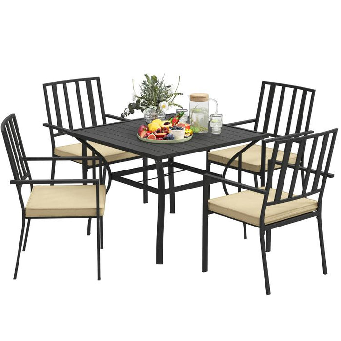 5 Pieces Garden Dining Set with Cushions, Outdoor Patio Table and 4 Stackable Chairs, Metal Top Table with Umbrella Hole, Black