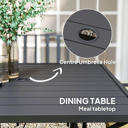 5 Pieces Garden Dining Set with Cushions, Outdoor Patio Table and 4 Stackable Chairs, Metal Top Table with Umbrella Hole, Black