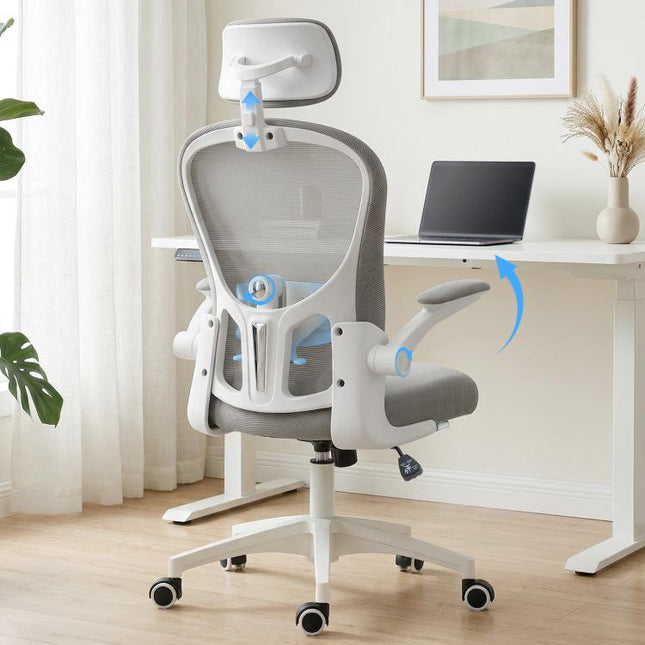 Multi-Adjustable Office Chair, with Lumbar Support, Headrest and Mesh Back - Grey