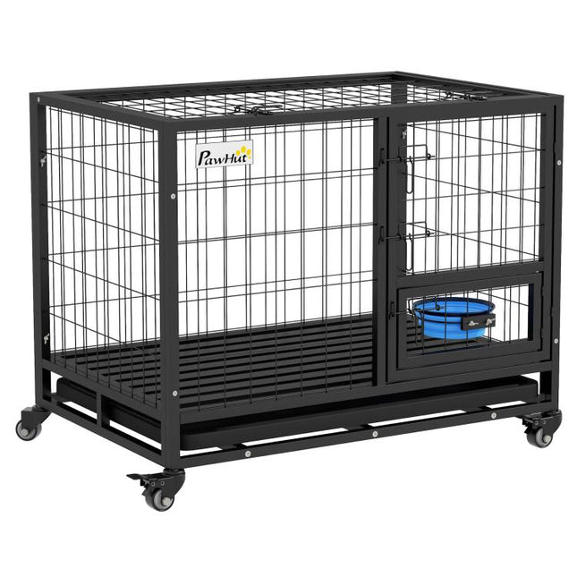 Heavy Duty Dog Crate on Wheels w/ Bowl Holder, Removable Tray, Openable Top, Detachable Door, for M, L Dogs